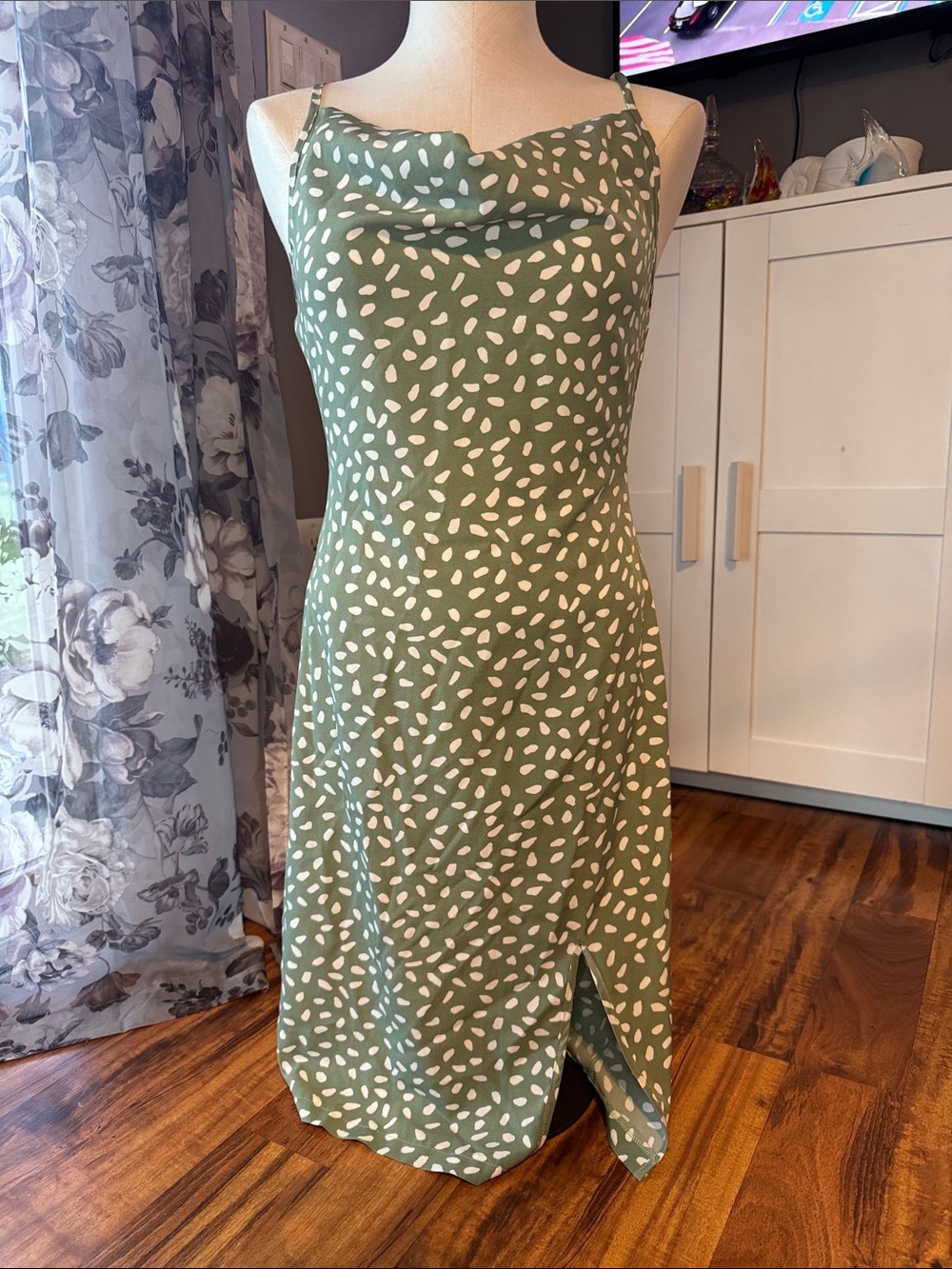 SHEIN Olive Green and White Printed Cowl Midi Dress